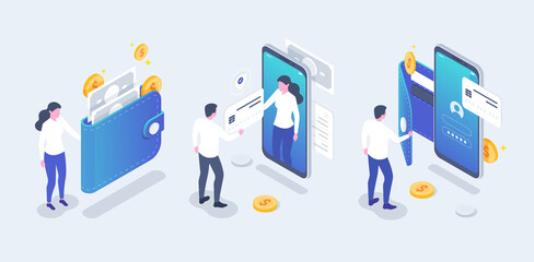 Set of Online payment and online mobile banking concept, Man and woman doing mobile banking and financial with smartphone. Isometric Contactless payment  