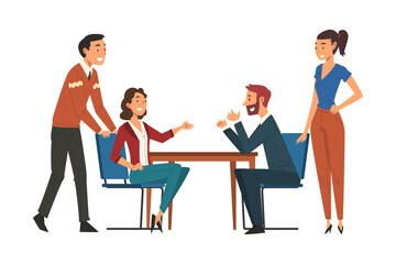 Fototapeta premium Business Negotiations, Business Partners Meeting, Exchanging Information, Solving Problems, Productive Partnership Cartoon Vector Illustration