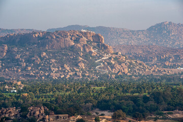 Fototapeta na wymiar view of the ancient Anjanadri mountain in Hampi, Karnataka, India.