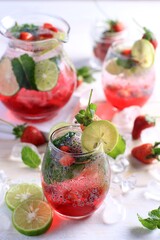 Homemade Fresh Strawberry Mojito with Lime and Mint Leaves 