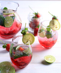 Homemade Fresh Strawberry Mojito with Lime and Mint Leaves 