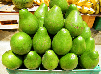 Fresh green Avocado on a market stall.
