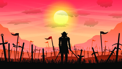 Ninja Samurai With Sword On Battlefield Orange Background Vector © Дмитрий