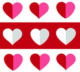 Nine half heart shaped symbol icons, on red background