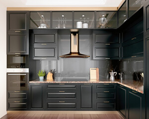 Modern interior design kitchen with black marble, black cabinets, dark gold trim and granite countertop, 3d render, 3d illustration