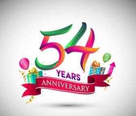 Fototapeta premium 54th Anniversary Celebration Design, with gift box and balloons, Red ribbon, Colorful Vector template elements for birthday celebration party.