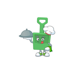 A green sand bucket chef cartoon mascot design with hat and tray