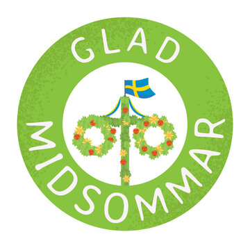 Midsummer flower wreath with Swedish flag. Pole after celebrating midsummer. Midsummer traditional Swedish symbol. Kort Glad Midsommar.