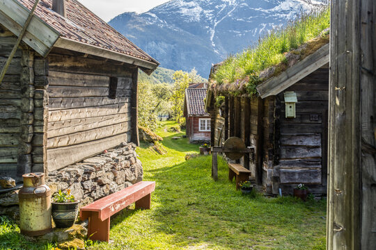 view on the wooden houses of this old historical farm village of Otternes, Norway