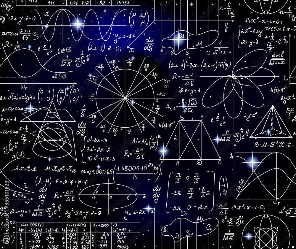Wall mural scientific vector seamless with handwritten math formulas, calculations and figures on starry space 
