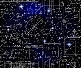 Scientific vector seamless with handwritten math formulas, calculations and figures on starry space background
