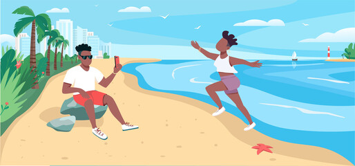 Friends taking photo at sandy beach flat color vector illustration