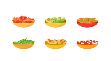Nuts and beans and seeds in bowls cartoon vector illustrations set