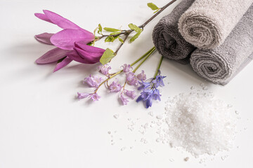 Bathroom composition  with  towels, magnolia flowers,  and sea  salt