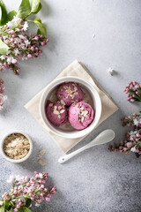 lilac ice cream in a white bowl, view from above