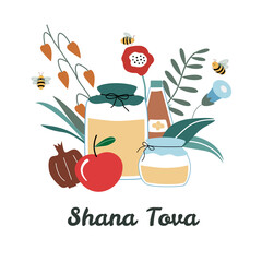 Rosh Hashanah greeting card. Jewish New Year Holiday postcard. Happy Shana Tova template for invitations. Cute cartoon vector illustration with honey, apples, flowers, jars, pomegranate.