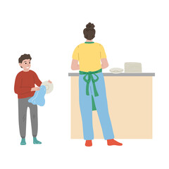 Little happy son helping mother to wash and dry dishes at home