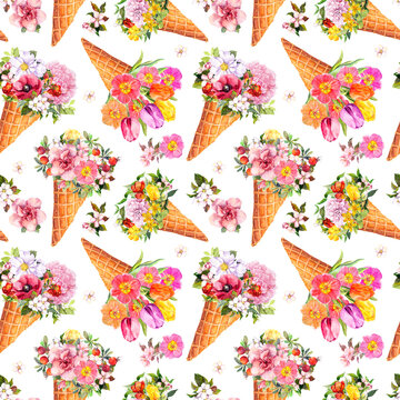 Ice-cream cones with spring, summer flowers. Floral watercolor, repeating background