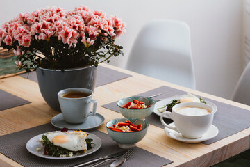 breakfast at the table in the kitchen close-up.