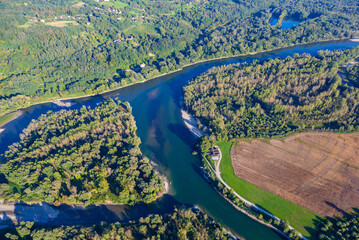 Aerial view of the confluence of Mura and Drava rivers in Legrad, Croatia