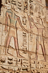 Fototapeta na wymiar Coloured Ancient Egyptian hieroglyphs depicting Egyptian god and pharaoh on the wall of Medinet Habu temple ruins in Luxor, Egypt