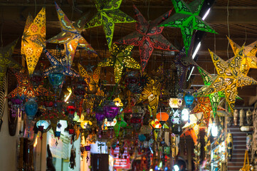 Various arabic muslim style lanterns and lamps hanging in a market Khan el Khalili, Cairo, Egypt