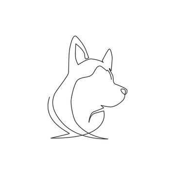 One continuous line drawing of simple cute siberian husky puppy dog head icon. Mammals animal logo emblem vector concept. Trendy single line draw design graphic illustration