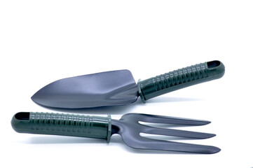 hand shovel and fork isolated on white background 