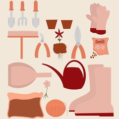 Set of garden tools, illustration of garden elements 