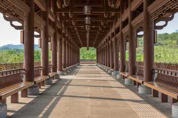 Perspective view of corridor structure of Chinese style classical architecture corridor