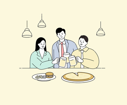 Cheers, Businessman And Businesswoman, Dining Together Illustration Set. Drink Beer, Food, Restaurant, Eating Out Vector Drawing. Hand Drawn Style.