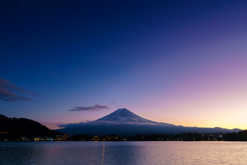 Twilight at Mount Fuji from lake Kawaguchi, Japan.