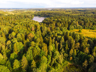 Beautiful panoramic view of Lake Seliger in in Ostashkovsky District of Tver Oblast in Russia.  Picturesque landscape Lake Seliger with islands, forests and hills.
