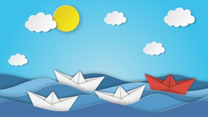 Leadership concept visualized with origami folded ship toys one of them is swimming in the front and leading the team group. used as an background. Vector illustration