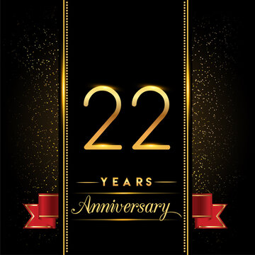 22nd anniversary logo with confetti golden colored and red ribbon isolated on black background, vector design for greeting card and invitation card.