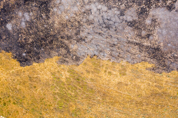 Post Forest fire scorched land, Aerial view.