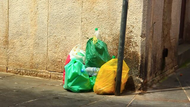 POlastic bags with trash on the street.