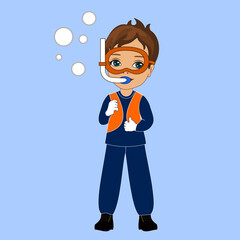 emoticon with boy frogman or pearler swimming under water with bubbles, pearl diver or fisher wearing an underwater mask or glasses and an air snorkel tube, thumbs up colored emoji