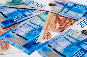 Russian paper money. Rubles.  Banknotes in denominations of 2000 and 5000 rubles. Finance.