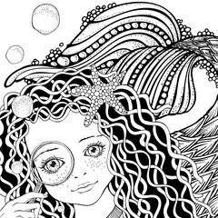 Cute little mermaid. girl with a magnifying glass. Underwater Coloring book page for adults and children. Marine black and white vector.
