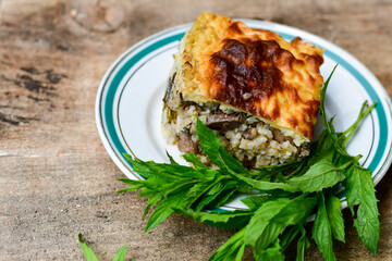  Potato shepherd's pie.  Potato and minced meat  Casserole  with   parmesan cheese and garlic on wooden rustic bakcgound. 