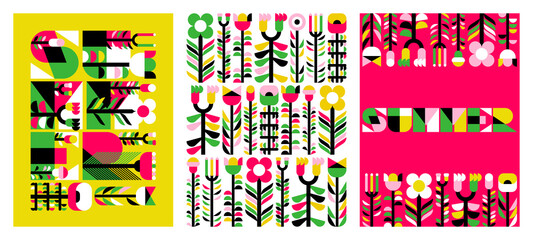 Vector set of abstract floral greeting cards with simple flowers and summer lettering. Vibrant color posters, cover design templates or social media stories wallpapers with naive blossoming plants
