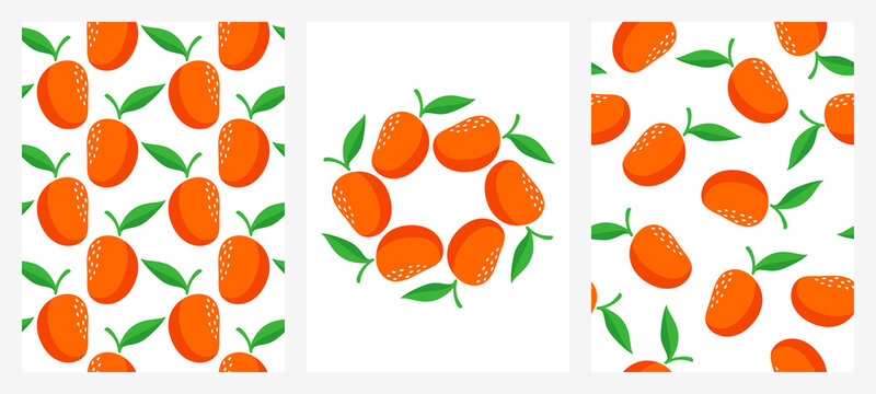 Vector set of seamless patterns with ripe mango. Vivid color prints for fabric or wallpaper with fresh and juicy fruits