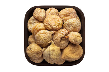 dried figs in square bowl isolated on white background. organic food, top view.