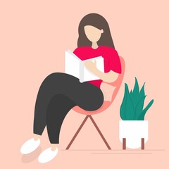 girl with a book, woman sitting and reading book, illustration of a woman reading book, isolated woman reading book concept illustration 