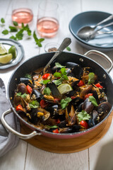 Cooked Mussels with rice and sauce