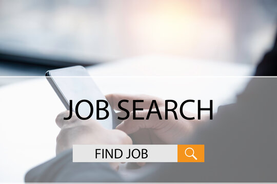 Business man tuching on smartphone with virtual button with text find job.Job search concept.