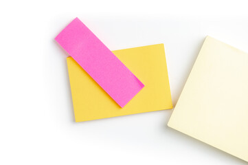 Office desk table pencil and post it on white background.