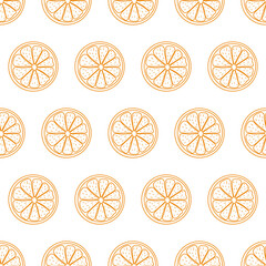 Seamless pattern with sliced pieces of citrus fruit. The simple backdrop of tropical orange. Stock vector illustration. Ideas for modern creative designs of backgrounds, cards, print, packing, textile