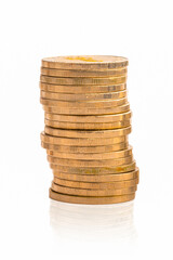 Columns of gold coins. Stack of coins on a white background.